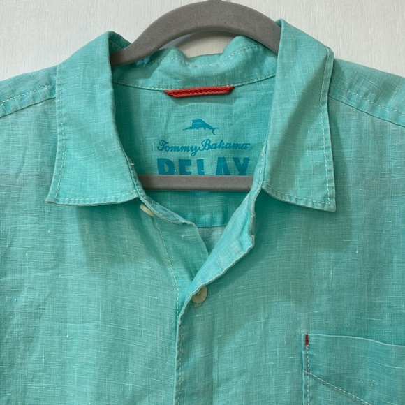 TOMMY BAHAMA MEN RELAX FIT DRESS BUTTON UP SHIRT 100 % LINEN TURQUOISE Sz XL - Picture 4 of 11